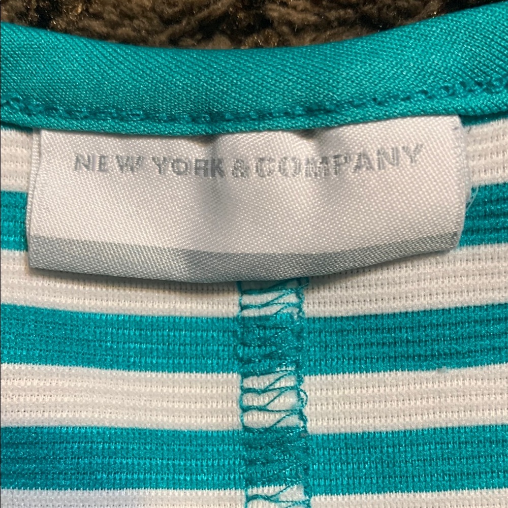 NY & Company Teal White Striped Fit Flare Dress M Summer Work - Picture 4 of 12